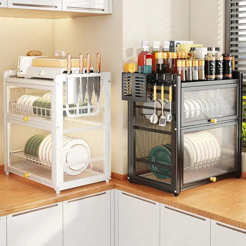 Two stackable white and black mesh dish drying racks with drawers and knife holders for kitchen storage and drying rack use