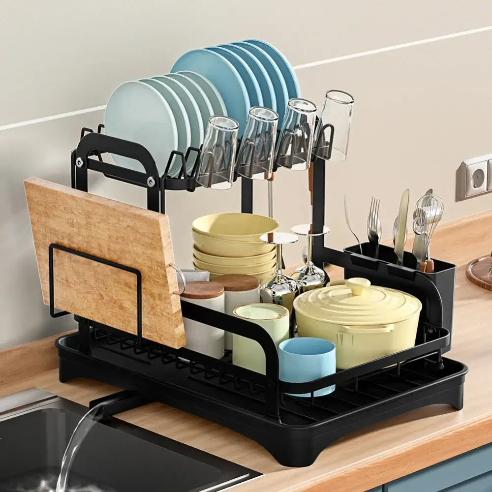 Black metal 2 tier dish drainer storage rack with cutting board holder and utensil compartments for kitchen organization