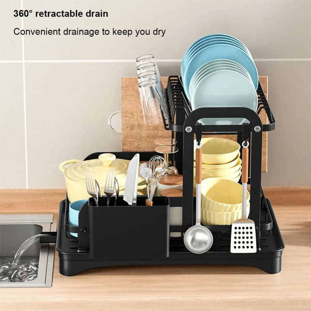 Black metal two-tier dish drainer storage rack with 360° retractable drain and multiple compartments for kitchen organization