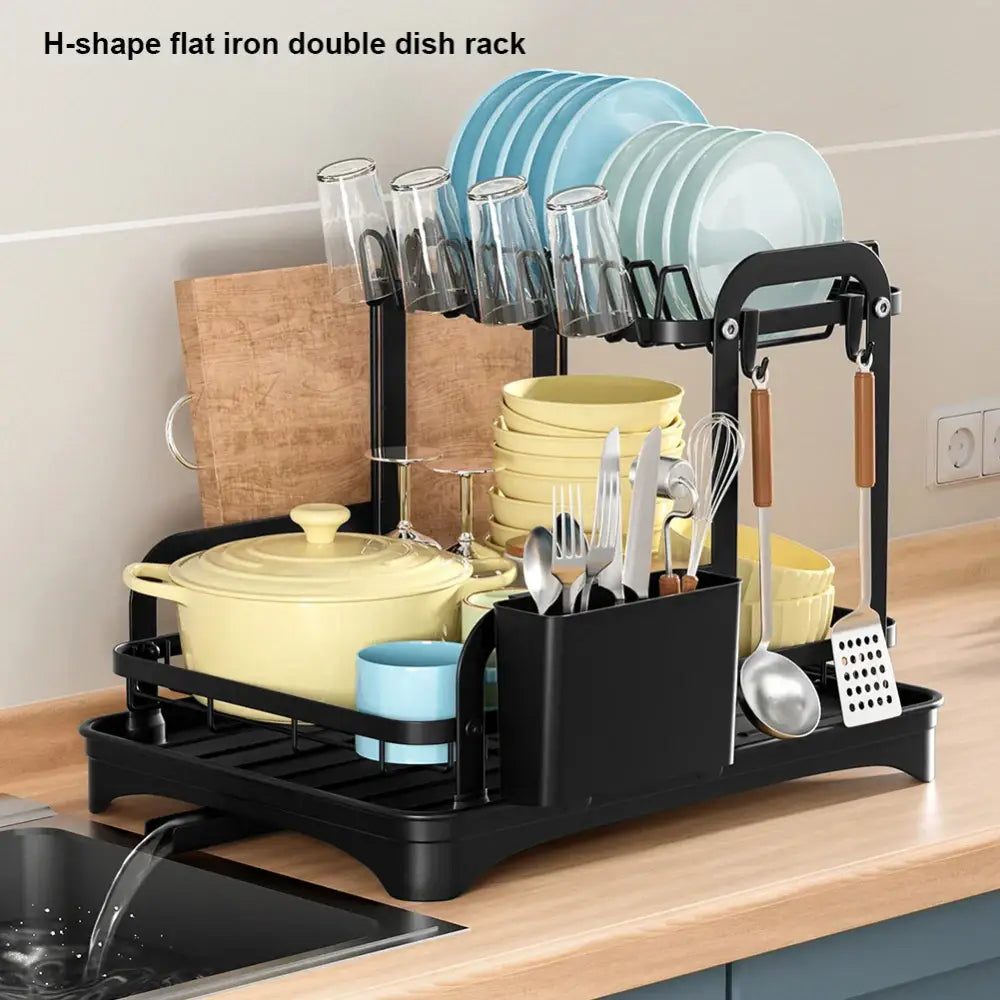 Black metal 2 tier h-shaped dish drainer storage rack with a sleek modern design for kitchen organization