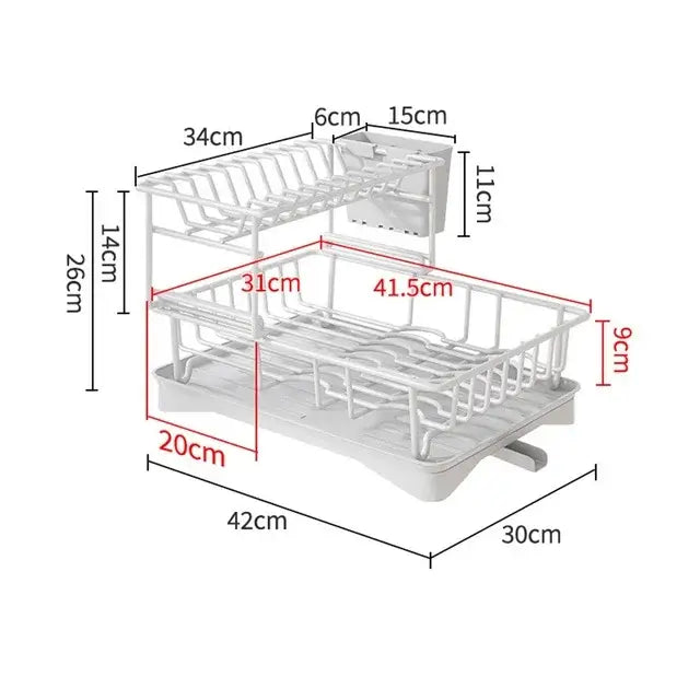 White two-tier plastic dish drainer with built-in soap dispenser on upper level for kitchen storage rack organization