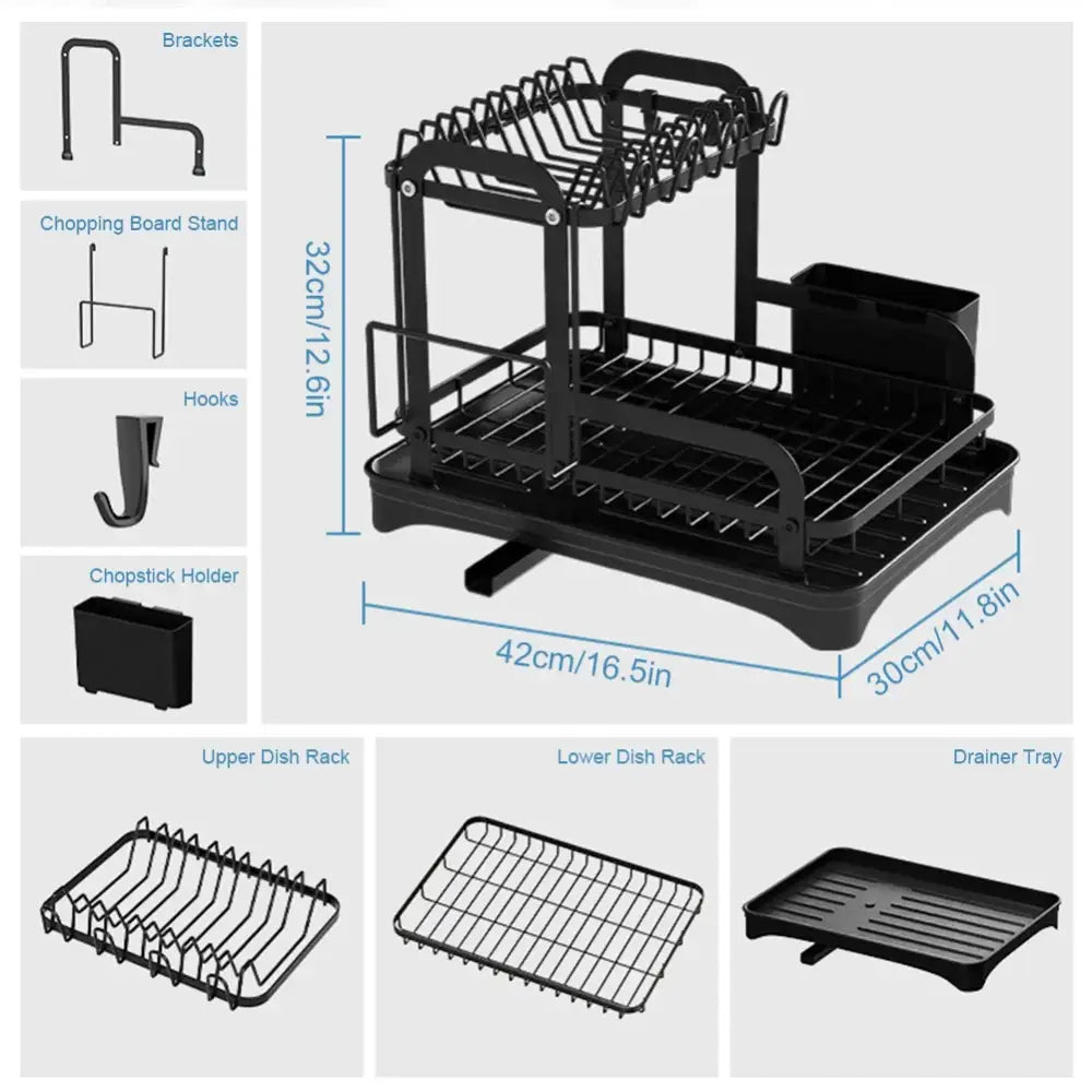 Black metal two tier dish drainer storage rack with built-in drain tray and measuring dimensions for kitchen organization