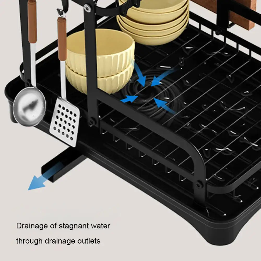 Black metal 2 tier dish drainer storage rack with grid design and side hooks for kitchen organization