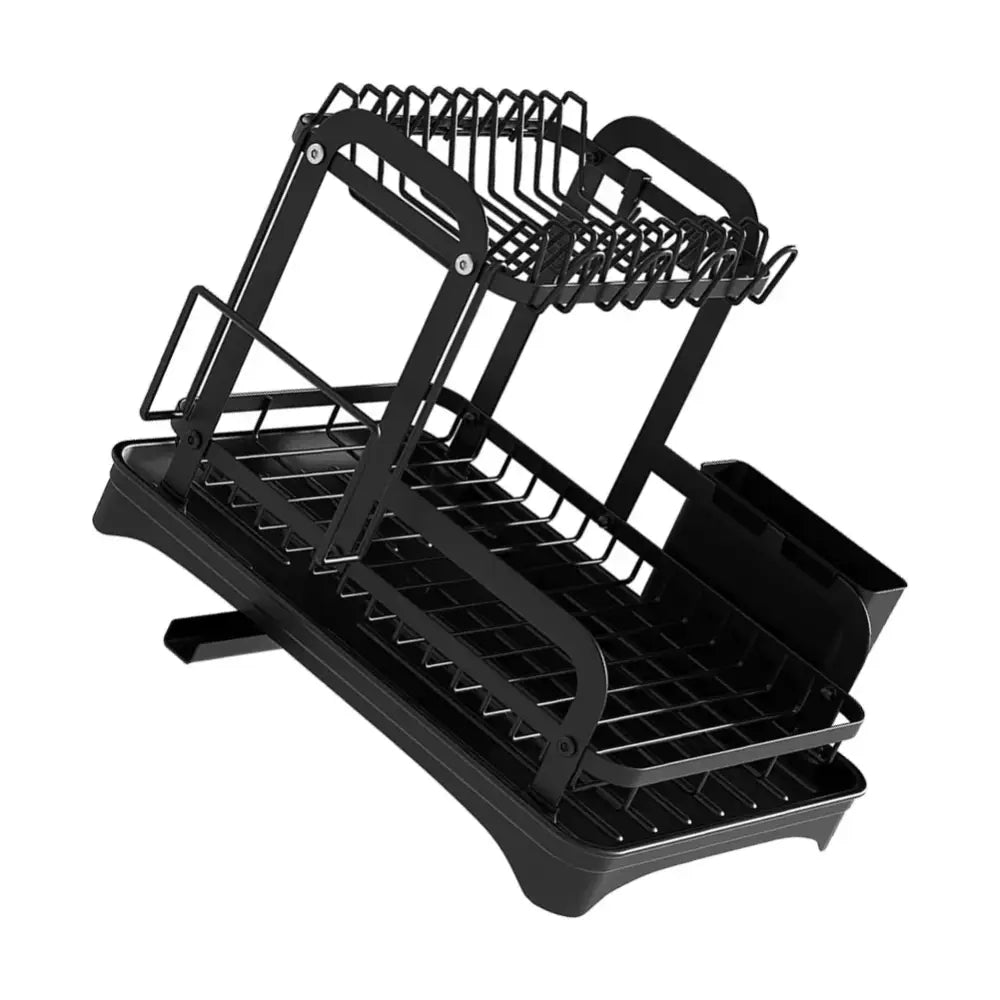 Black metal two tier dish drainer with wire mesh shelves and plastic base for kitchen storage rack organization