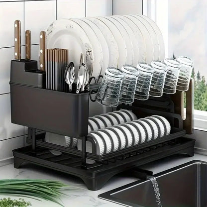 Black metal two tier dish drying rack with knife block spoon fork holders and glass cup racks for kitchen storage