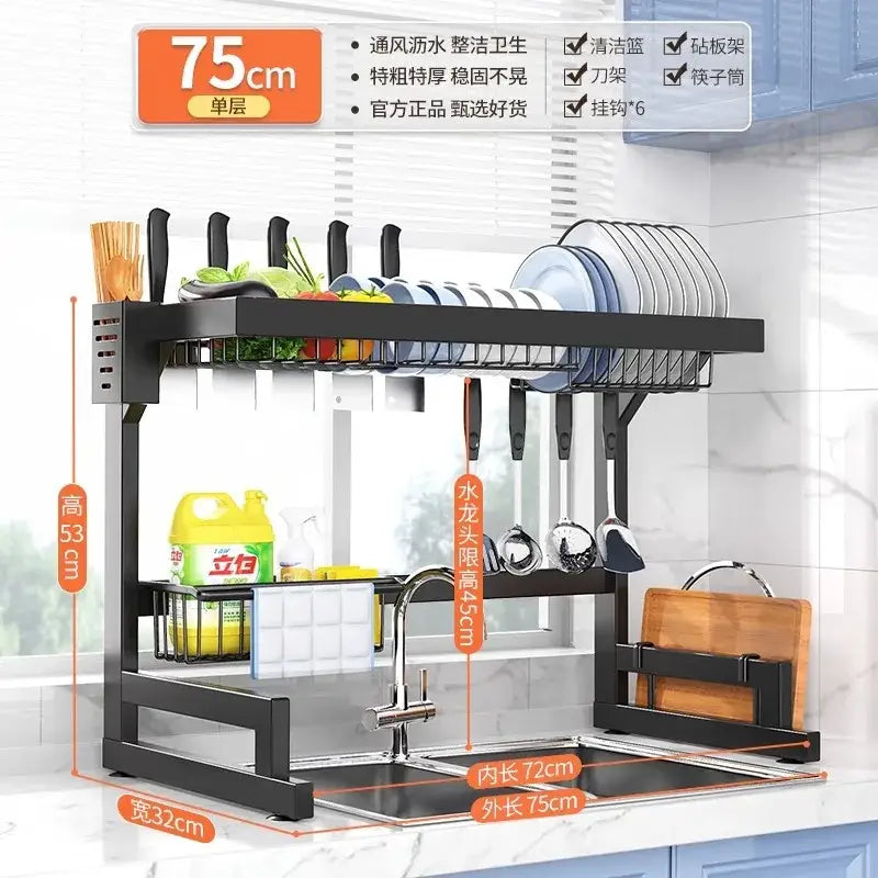 Black metal 2-tier dish drying rack with utensil holder for efficient dish drying and kitchen storage