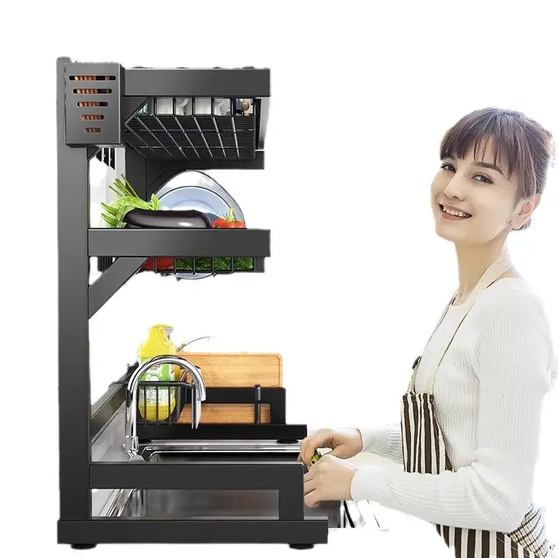 Black metal 2-tier dish drying rack with adjustable shelves and utensil holder for efficient kitchen storage and drying rack use