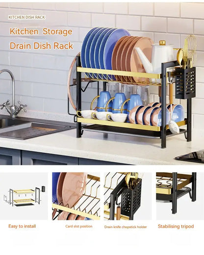 Black metal two tier kitchen dish rack with gold accents and utensil holder including knife and chopstick racks