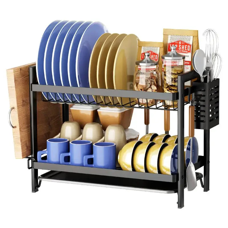 Black metal two tier kitchen dish rack with wire mesh shelves and side utensil holders for organized drying