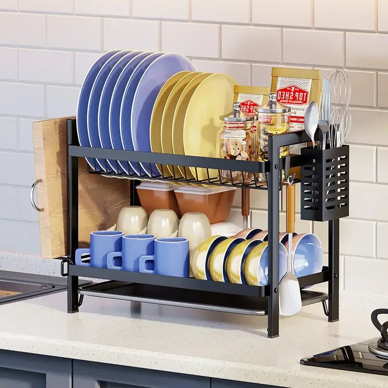 Black metal 2 tier kitchen dish rack with wire mesh shelves and side utensil holder for organized drying