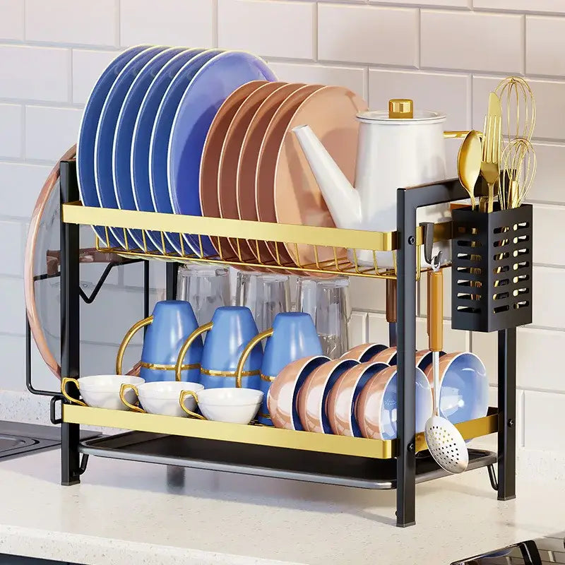 Black metal 2 tier kitchen dish rack with utensil holder featuring colorful plates cups and utensils in black and gold frame