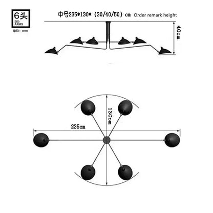 Black metal six-arm ceiling fixture with spherical light heads complementing decorbites adjustable arm floor lamp