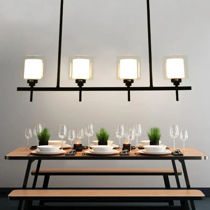 Modern black metal 3 light cylinder chandelier with four square glass shades for dining room 110v-120v bulb base