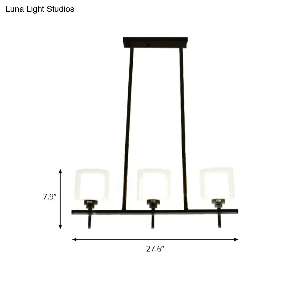 Black metal 3 light cylinder chandelier with frosted glass shades for dining room use 110v-120v bulb base compatible