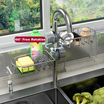 Black metal adjustable kitchen sink rack with silver stainless steel faucet-mounted soap organizer and 360-degree rotation