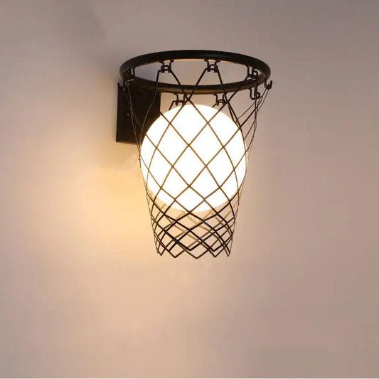 Black metal basketball wall lamp with glowing white spherical light inside the net for bedroom decorbites basketball wall use
