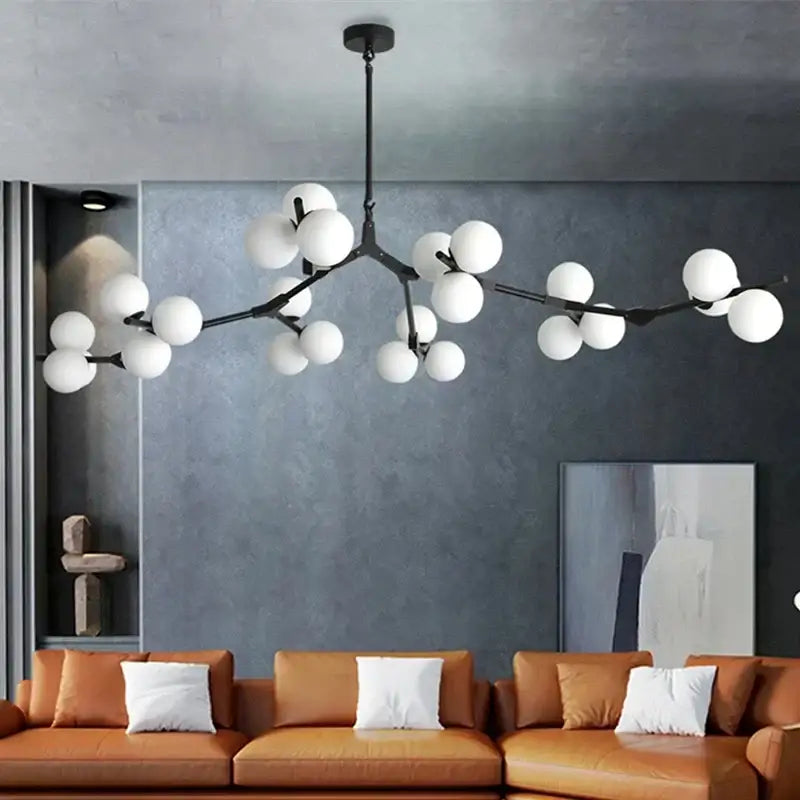 Modern black metal glass ball led chandelier with spherical white globes for living room decorbites glass ball lighting