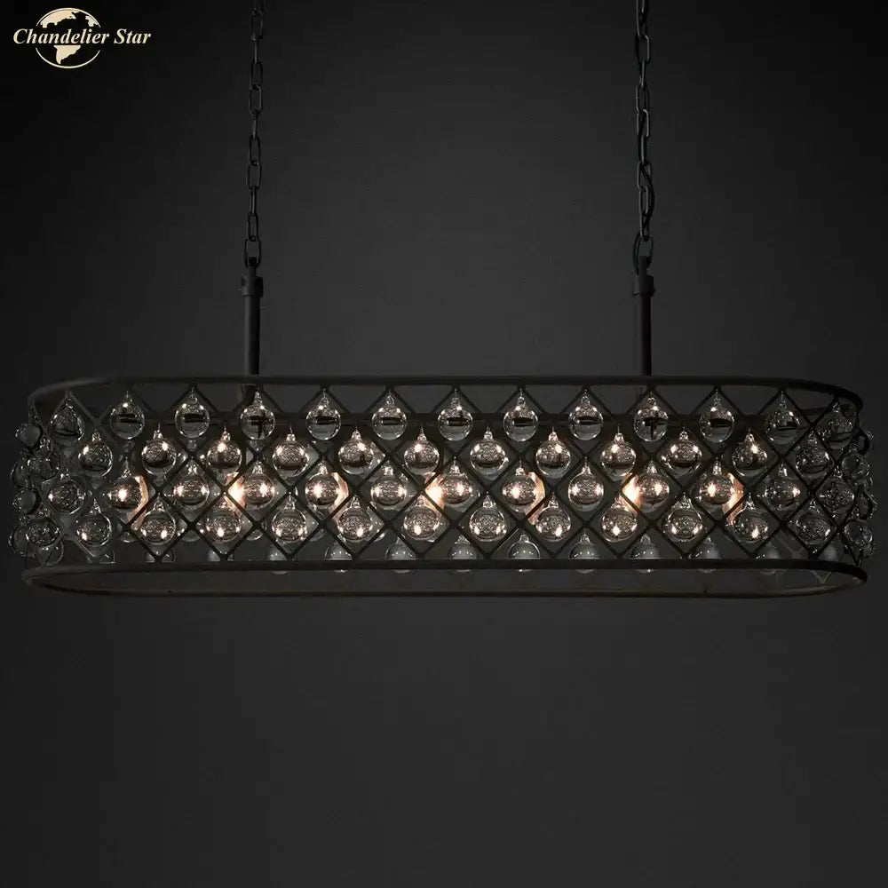 Black metal glass drop chandelier pendant lights with clear crystal droplets in diamond pattern for dining room
