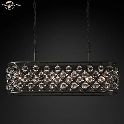 Black metal glass drop chandelier pendant light with rectangular frame and clear crystal spheres for dining room