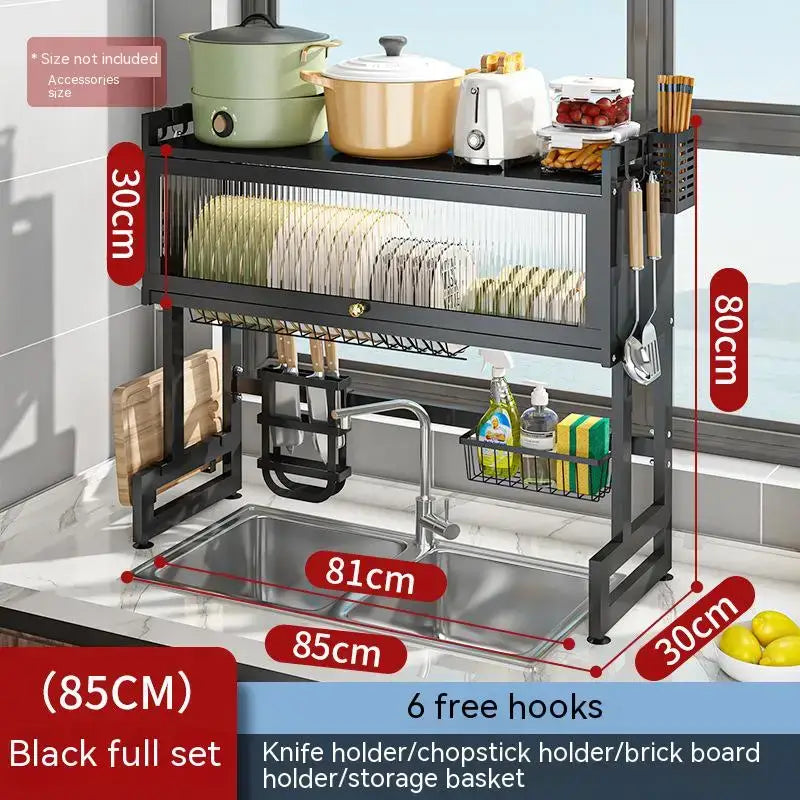 Black metal kitchen cabinet organizer shelf with glass features two-tier rack, knife holders, storage basket, and six hooks