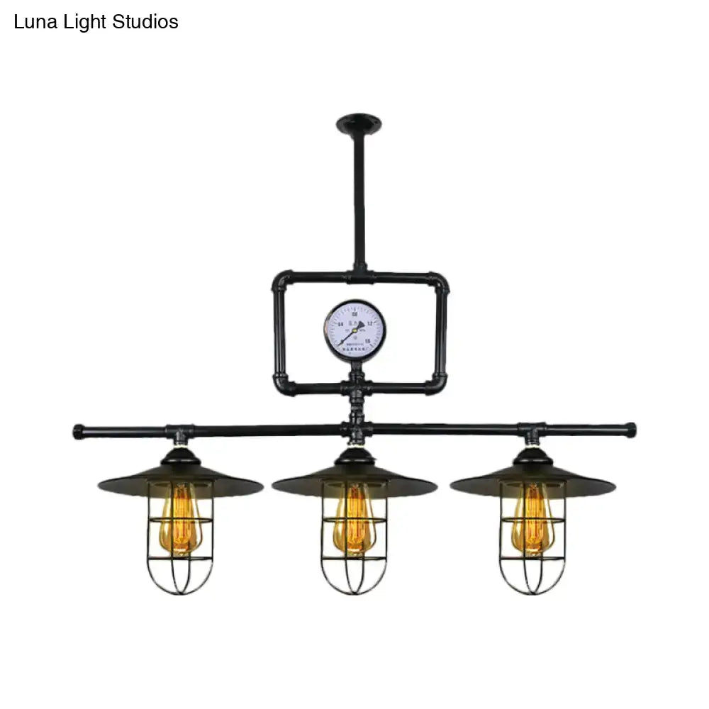 Antiqued black metal industrial pipe chandelier with three amber filament bulbs and pressure gauge for ceiling lighting 220v-240v