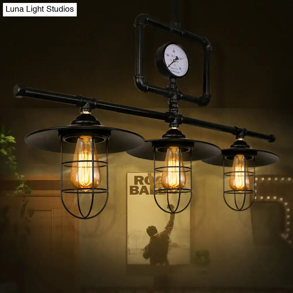 DecorBites antiqued black metal pendant lamp with three exposed filament bulbs and pressure gauge for ceiling lighting 220v-240v