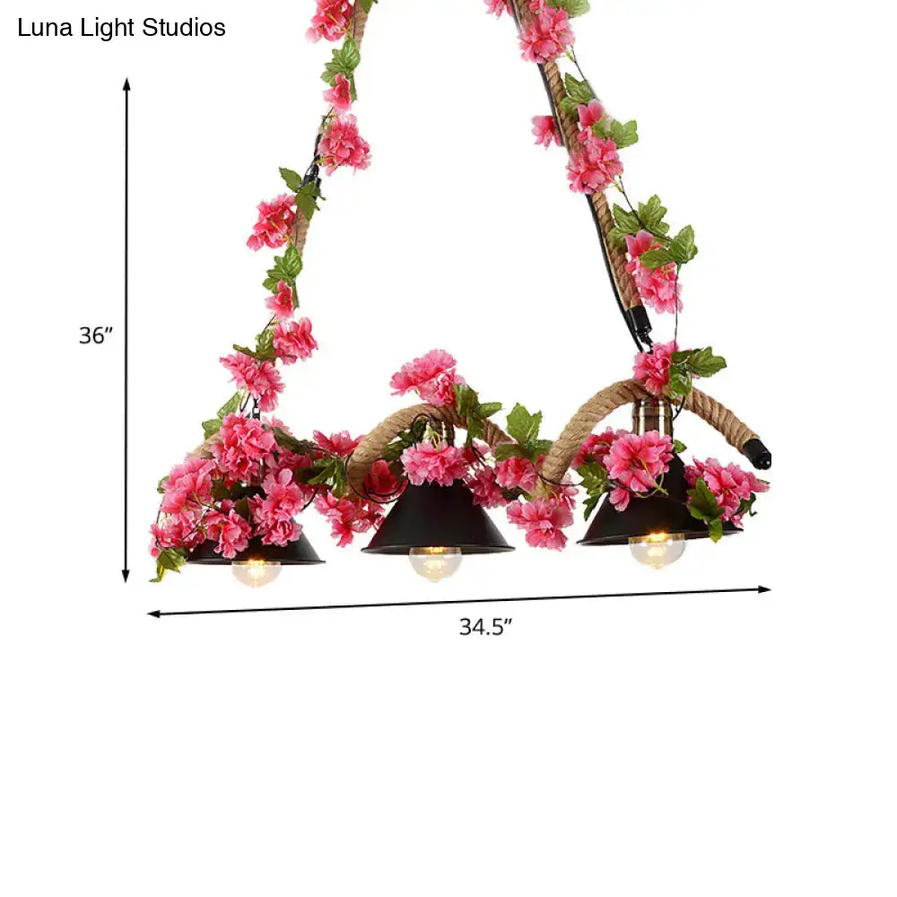 Decorbites™ black conical metal pendant light with twisted rope and pink flowers 3-light ceiling fixture 220v-240v led incandescent fluorescent
