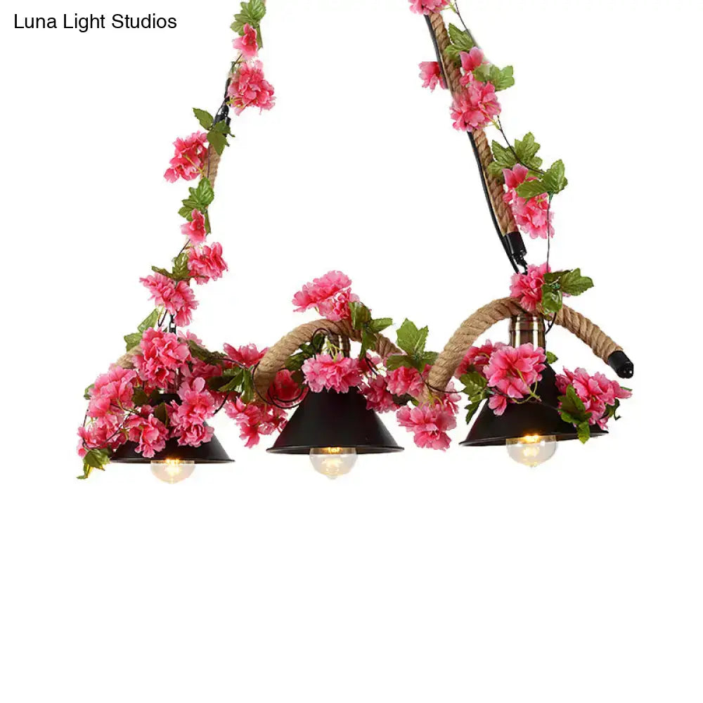 Decorbites black conical metal pendant light with braided rope and pink flowers 3-light fixture for restaurants 220v-240v compatible
