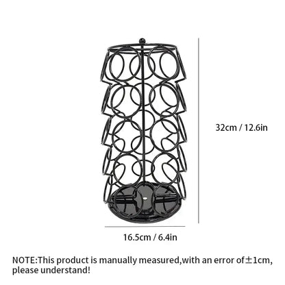 Black metal rotating dolce gusto storage rack with circular wire loops and flat base for capsule organization