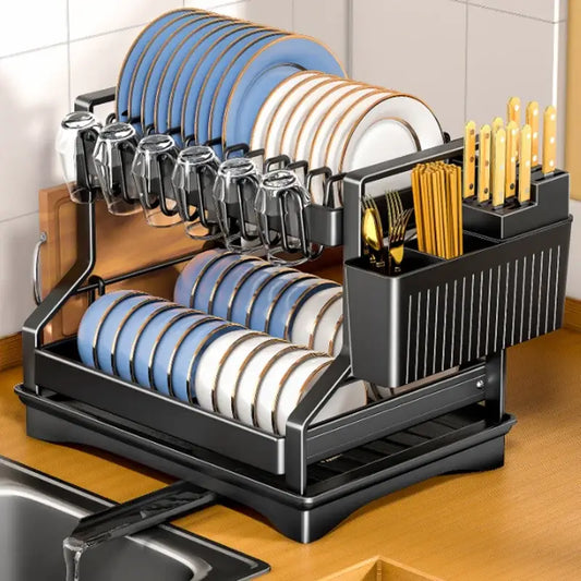 Black metal tiered kitchen dish drainer and storage rack holding plates glassware and utensils from decorbites kitchen dish