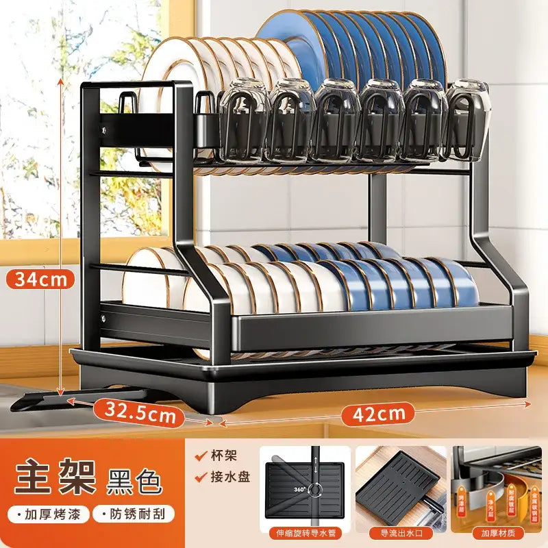 Black metal two-tier kitchen dish drainer with sleek modern design and sturdy base from decorbites kitchen dish collection