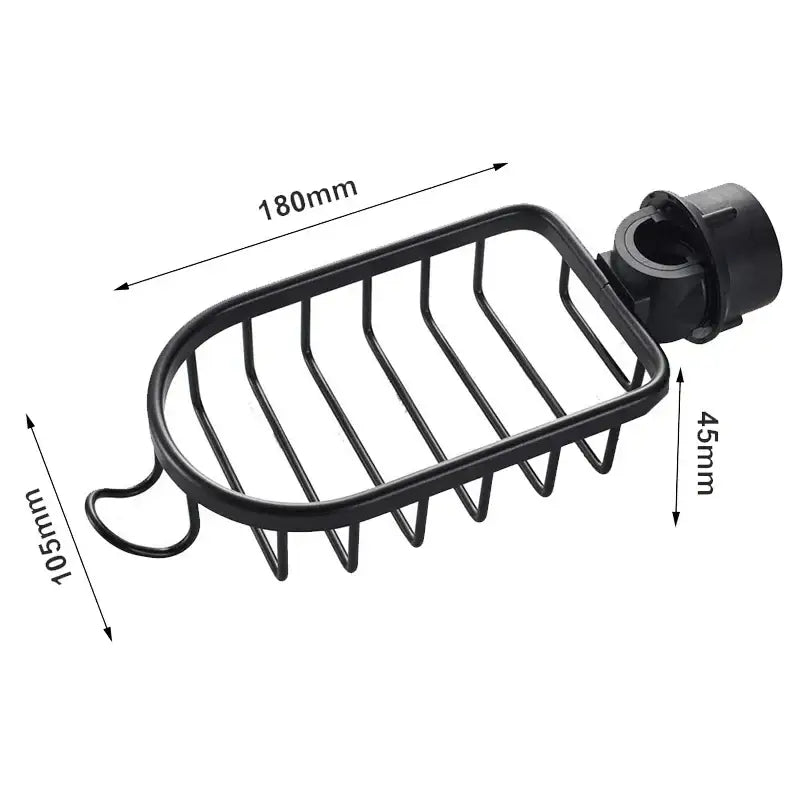 Black metal two tier adjustable shower caddy with sleek oval metal soap dish and integrated mounting bracket for bathrooms
