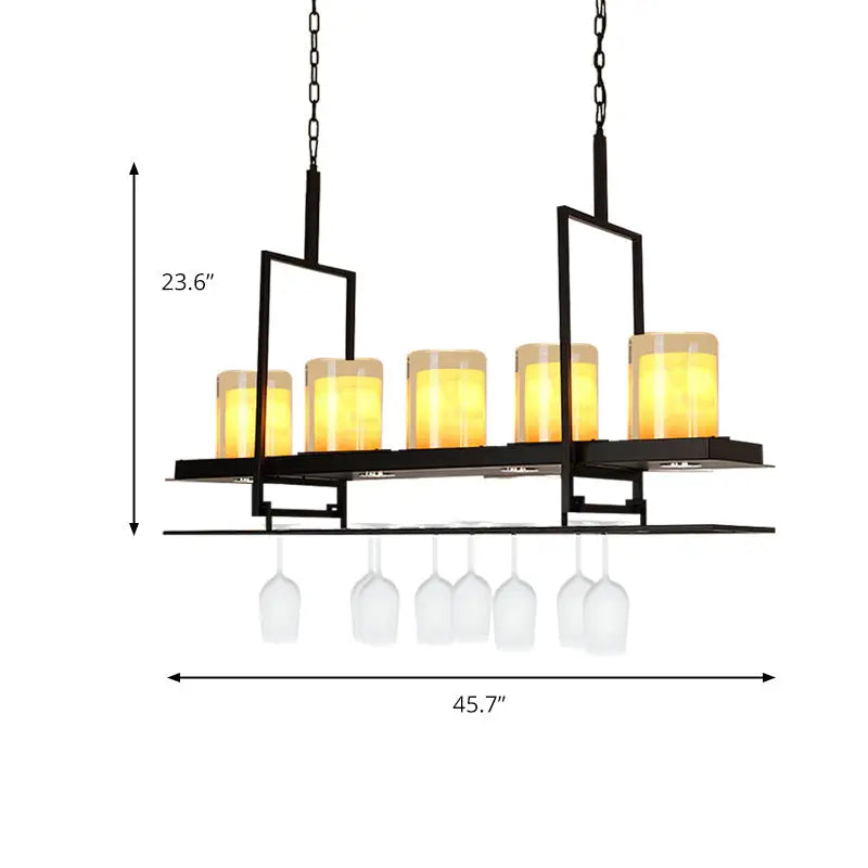 Black metal wine glass chandelier with five amber glass candle holders and chain cord length for dining room lighting