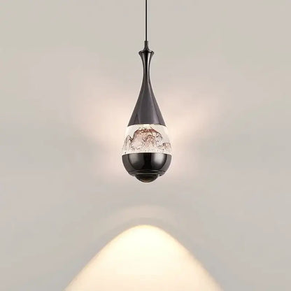 Black teardrop pendant chandelier with glass panel mountain artwork for elegant dining room decor lighting
