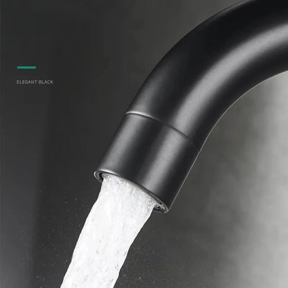 Elegant black matte stainless steel single hole bathroom basin faucet with 360 rotation and durable housing material