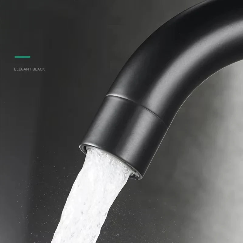 Elegant black matte stainless steel single hole bathroom basin faucet with 360 rotation and durable housing material