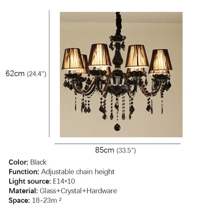 Elegant black ornate decorbites crystal pendant chandelier with glass and crystal accents and six warm lampshades for living room