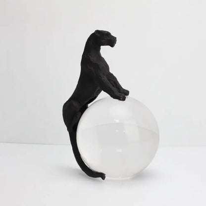 Black panther crystal ball metal animal sculpture with clear glass sphere for decorbites crystal ball living room decor