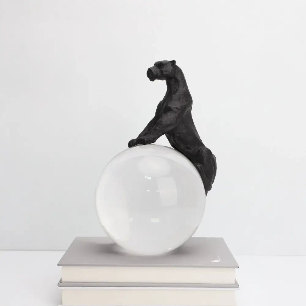 Black panther crystal ball metal animal sculpture in resin and glass for living room decor by decorbites crystal ball