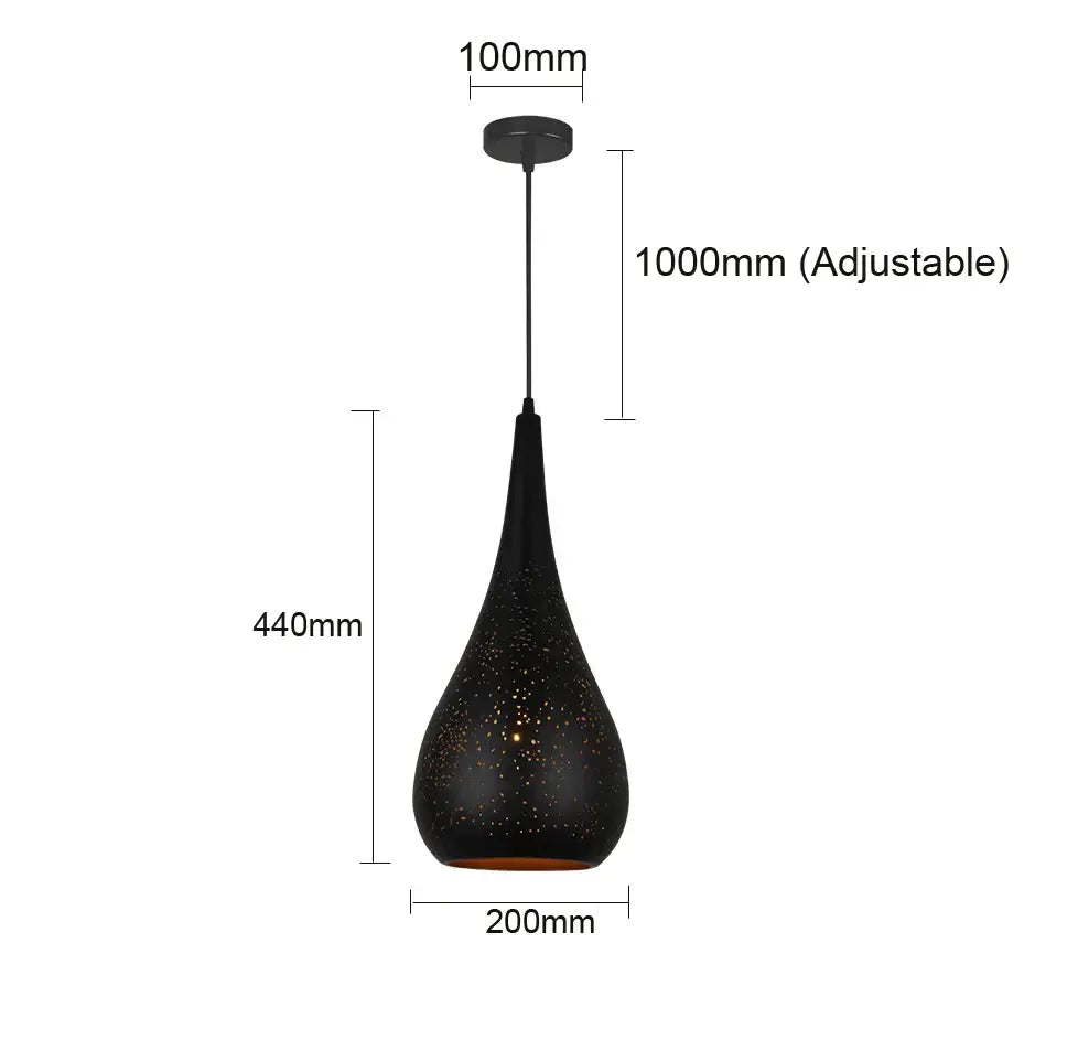 Black perforated iron hollow droplight pendant light with teardrop shape and adjustable 1000mm hanging length