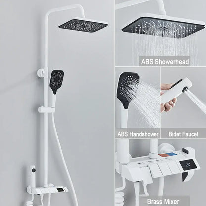 White abs showerhead with black perforated face in decorbites black piano digital shower system with brass faucets