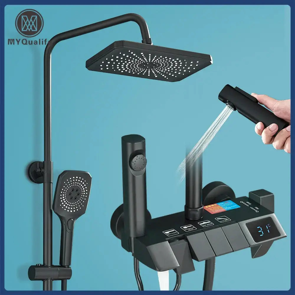 Black piano digital shower system with black matte myqualif shower, square rainhead, handheld spray, and temperature display panel