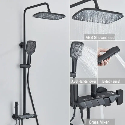 Black piano digital abs shower system with brass faucets featuring square rainhead handheld shower and bidet faucet