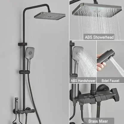 Black piano digital abs shower system with brass faucets featuring square rainhead handheld shower and bidet faucet