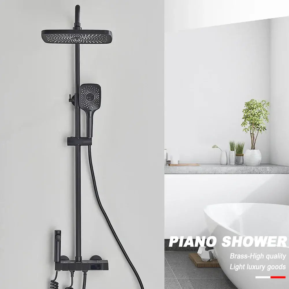 Black piano digital shower system with black matte brass square rainhead and handheld nozzle for bathroom decorbites black piano