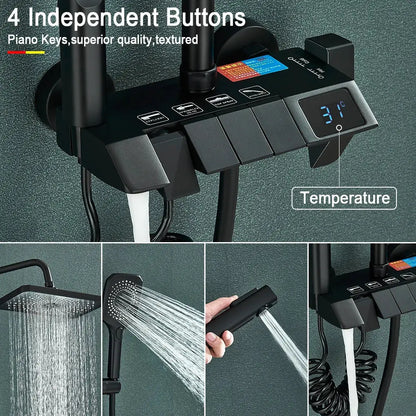Black piano digital shower control panel with brass faucets featuring four buttons and digital temperature display for bathroom use