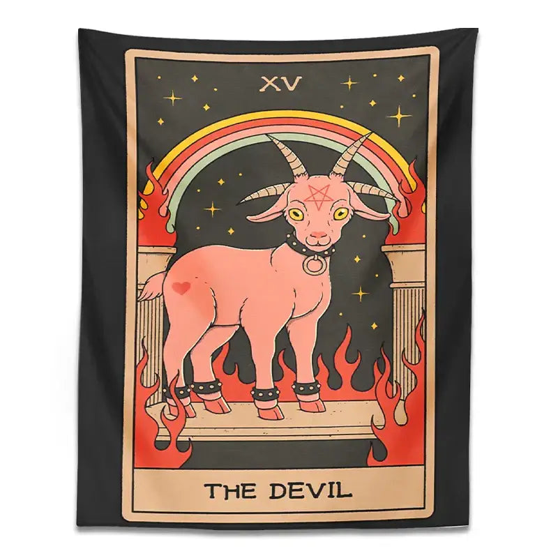 Black and pink devil tarot goat wall hanging tapestry with pentagram goat, flames, and rainbow for dorm room decor
