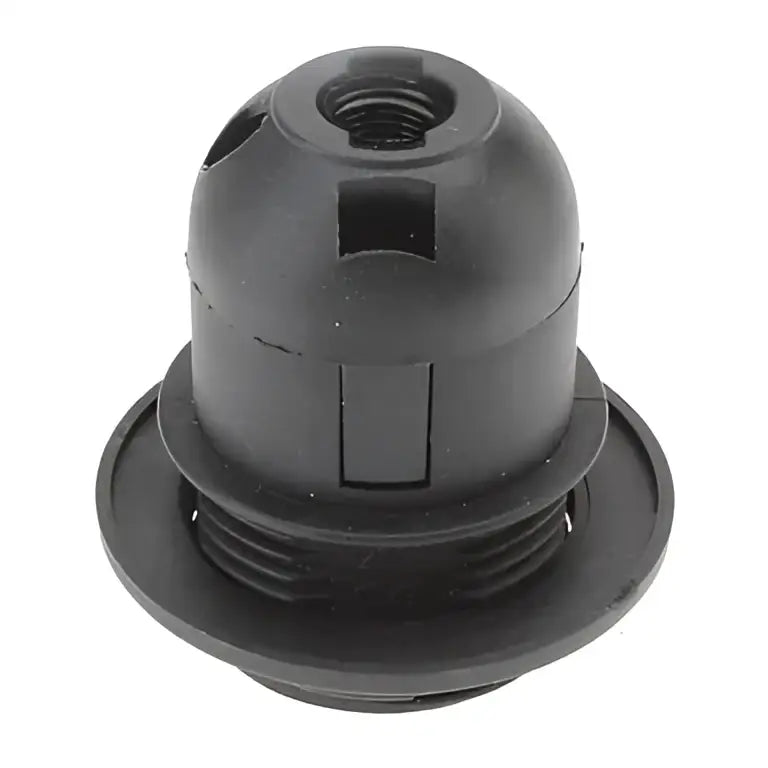 Black plastic and brass e27 socket lamp holder with threaded top and flanged base for living room lamp base