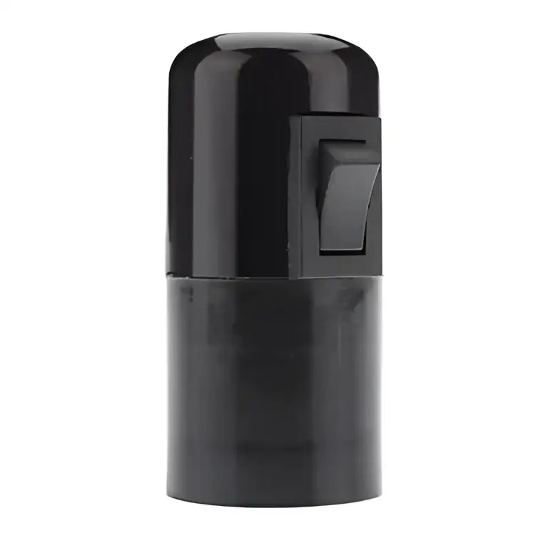 Black plastic e27 socket lamp base with glossy toggle switch and rectangular lever for bedroom use