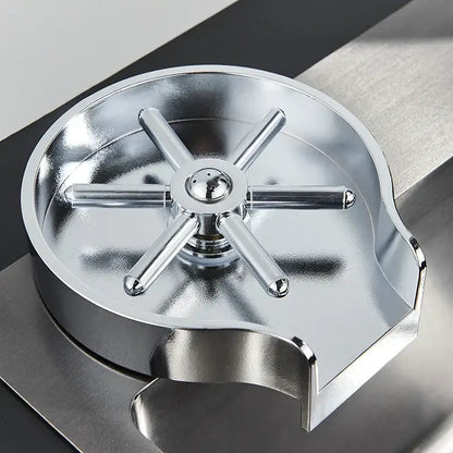 Shiny chrome-finished espresso machine portafilter holder with star design for black plastic glass rinser faucet accessory